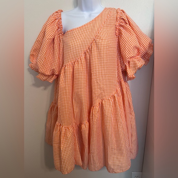 Simplee Apparel Dresses & Skirts - Gingham Dress Orange and White Gingham Check Babydoll Dress Size Large